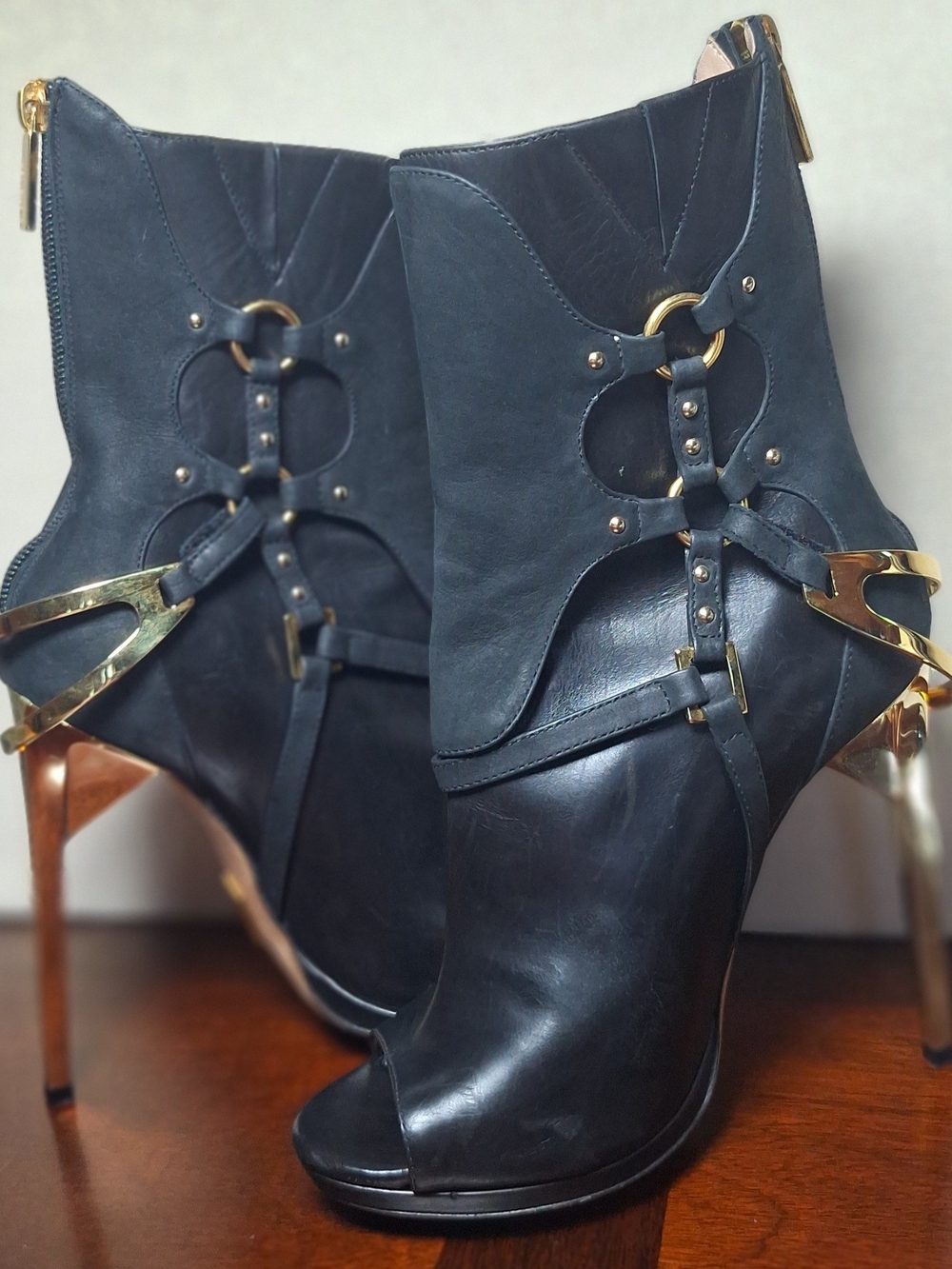 Herve Leger Black Leather Peep-Toe Ankle Booties with Gold Accents